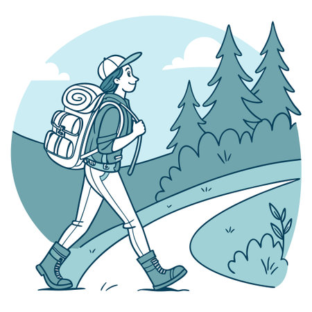 Hiking woman with a backpack in the mountains. Vector illustration.のイラスト素材