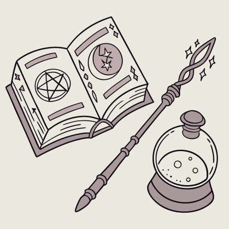 Ancient magic book with magic wand and crystal ball. Vector illustration.のイラスト素材