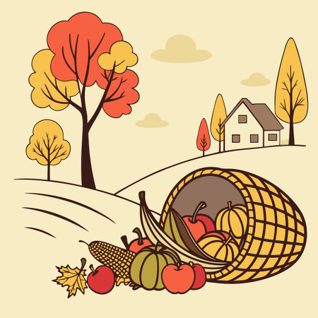 Autumn landscape with pumpkins, apples and basket. Vector illustration.のイラスト素材