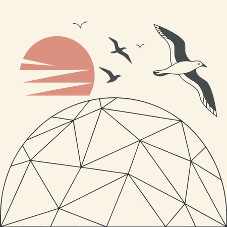 Vector illustration of a globe with seagulls and sunset.のイラスト素材