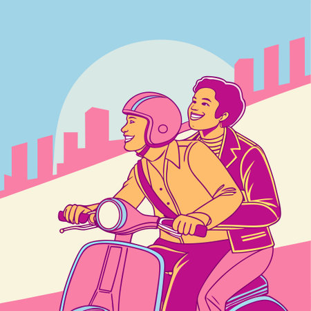 Two men riding a scooter in the city. Vector illustration.のイラスト素材