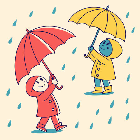 Cartoon boy and girl with umbrella in rain. Vector illustration.のイラスト素材