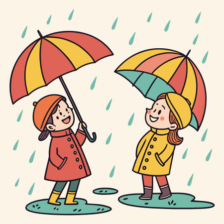 Vector illustration of two little children in raincoats with umbrella.のイラスト素材