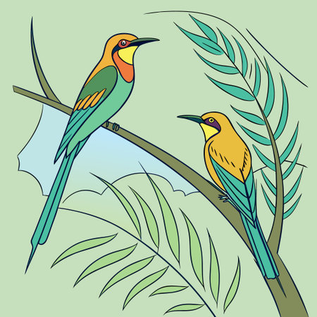 Colorful vector illustration of a couple of birds sitting on a branchのイラスト素材