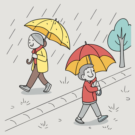 Father and son walking in the rain. Vector illustration in a flat style.のイラスト素材