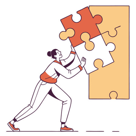 Businesswoman assembling jigsaw puzzle. Teamwork, partnership, cooperation, teamwork concept. Vector illustration in thin line styleのイラスト素材