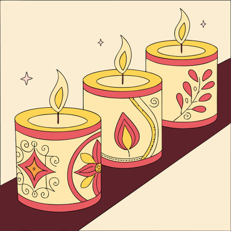 Vector illustration of four burning candles in a line art style with floral ornamentのイラスト素材