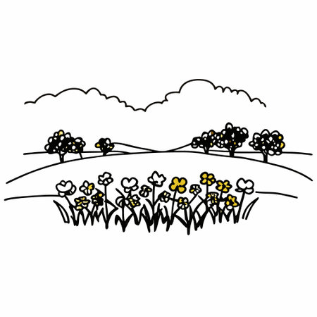 Spring meadow with flowers. Hand drawn vector illustration in doodle style.のイラスト素材