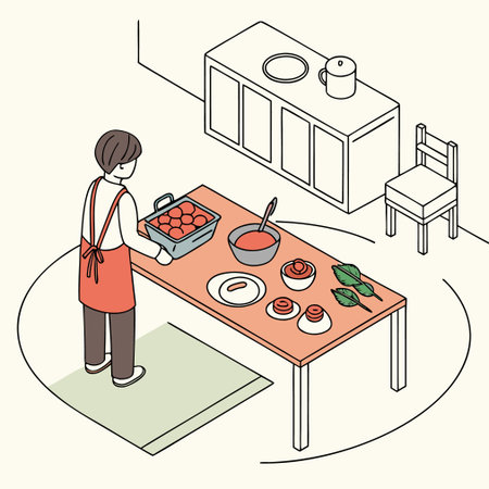 Cooking process isometric vector illustration. Young man cooking in kitchen.のイラスト素材