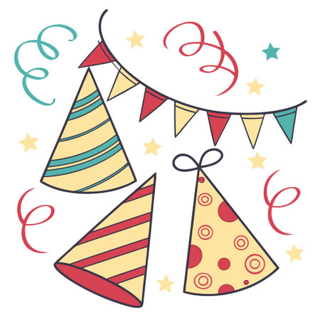 Party hats and garlands. Vector illustration in doodle style.のイラスト素材