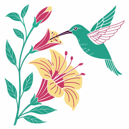 Hummingbird and lily flower. Hand drawn vector illustration.のイラスト素材