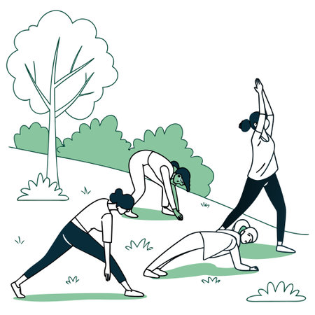 Vector illustration of a group of young people practicing yoga in the parkのイラスト素材