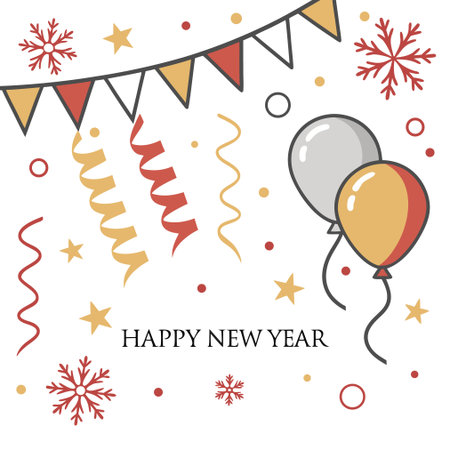 Happy New Year greeting card with balloons and confetti. Vector illustration.のイラスト素材