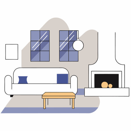 Living room with sofa and fireplace. Vector illustration in flat style.のイラスト素材