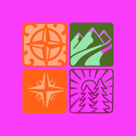 Set of four icons of mountains, compass and coniferous forestのイラスト素材