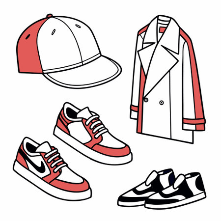 Vector illustration of a set of sneakers, cap and sports jacket.のイラスト素材