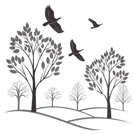 Set of trees and birds on a white background. Vector illustration.のイラスト素材