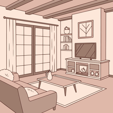 Living room interior with furniture and fireplace. Vector illustration in cartoon style.のイラスト素材