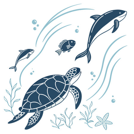 Sea animals. Sea turtle, dolphin, fish, seaweed. Vector illustrationのイラスト素材