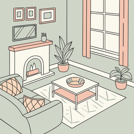 Living room with fireplace, sofa, armchair and plants. Vector illustrationのイラスト素材