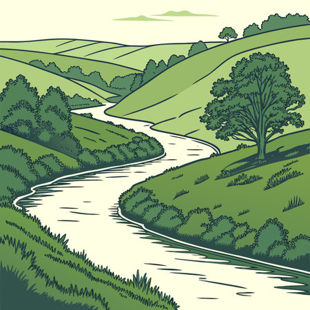 Vector hand drawn landscape with winding river, trees and meadows.のイラスト素材
