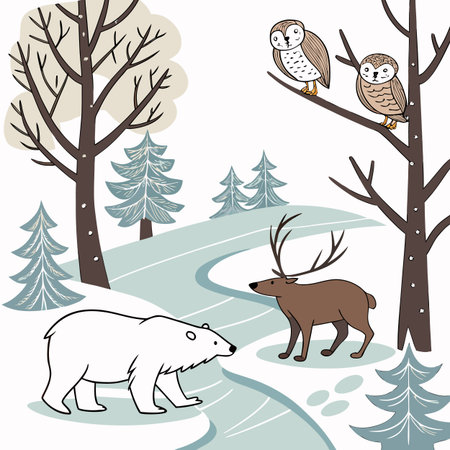 Winter landscape with animals and trees. Vector illustration in cartoon style.のイラスト素材