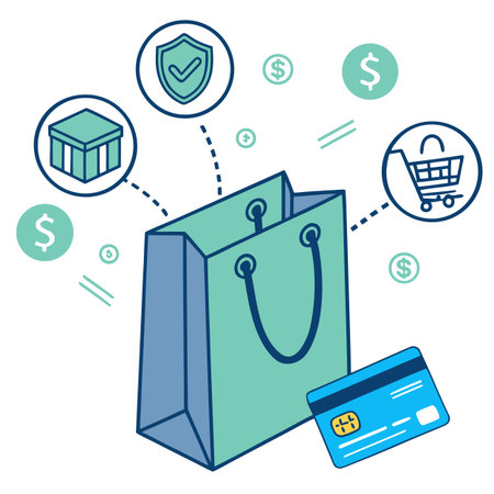 Shopping bag, credit card, shopping cart, security shield, icons.のイラスト素材