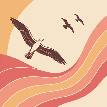 Seagull flying on a background of waves. Vector illustration.のイラスト素材