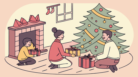 Family decorating the Christmas tree and exchanging gifts. Vector illustration.のイラスト素材