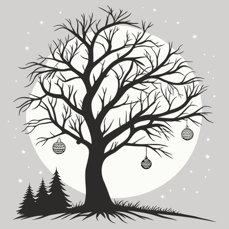 Halloween tree with balls. Black and white vector illustration on gray background.のイラスト素材