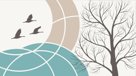 vector illustration of a tree and a flock of birds on a white backgroundのイラスト素材