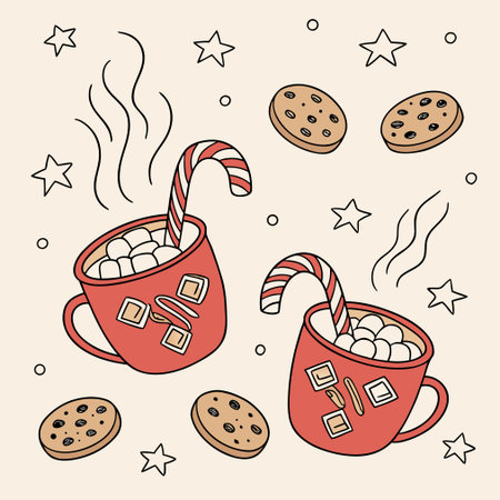 Cup of hot chocolate with marshmallow, cookies and candy canes. Vector illustration.のイラスト素材
