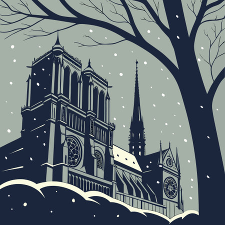 Cathedral of Notre-Dame de Paris in winter. Vector illustration.のイラスト素材