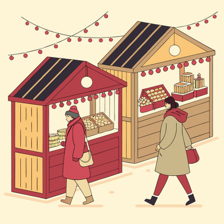 Vector illustration of a woman buying chocolate at a street stall. Illustration in retro style.のイラスト素材