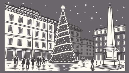 Christmas and New Year card with Christmas tree in the center of the cityのイラスト素材
