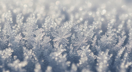 Snowflakes close-up on a background of white snow.の素材