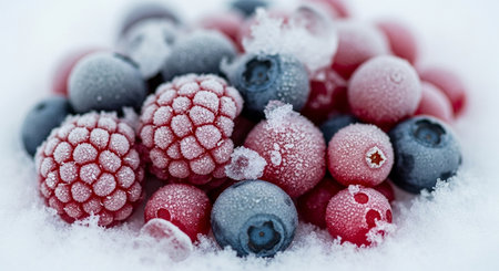 Frozen berries on snow, macro shot, shallow depth of fieldの素材