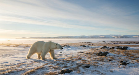 Polar bear (Ursus maritimus) walking on the snow in Iceland.の素材