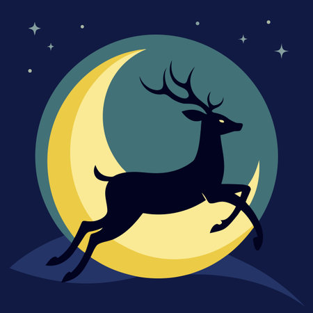 Deer silhouette on the moon. Vector illustration in flat style.のイラスト素材