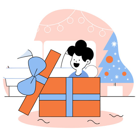 Christmas greeting card with a cute girl and a gift box. Vector illustration.のイラスト素材