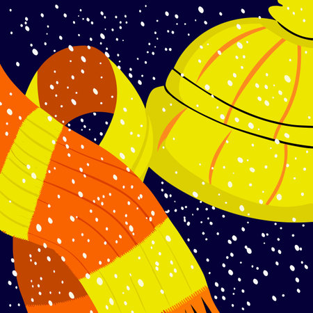 Winter background with yellow and orange knitted hats and scarves.のイラスト素材