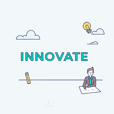 Conceptual hand writing showing Innovate. Concept meaning make something more modern or up to date like software programs Businessman Sitting with Pencil and Light Bulb Iconのイラスト素材