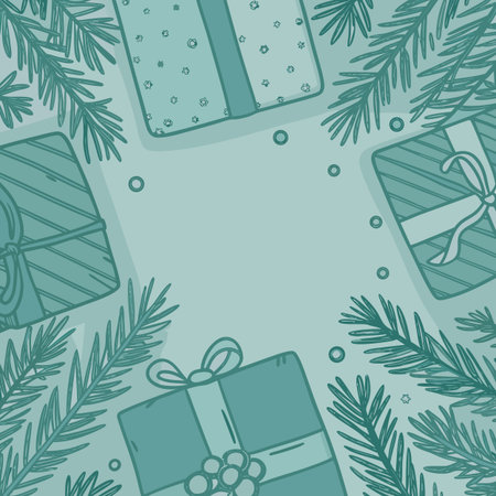 Christmas background with gift boxes and fir tree branches. Vector illustration.のイラスト素材
