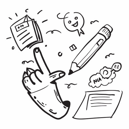 Hand drawn doodle of a hand holding a pencil. Vector illustration.のイラスト素材