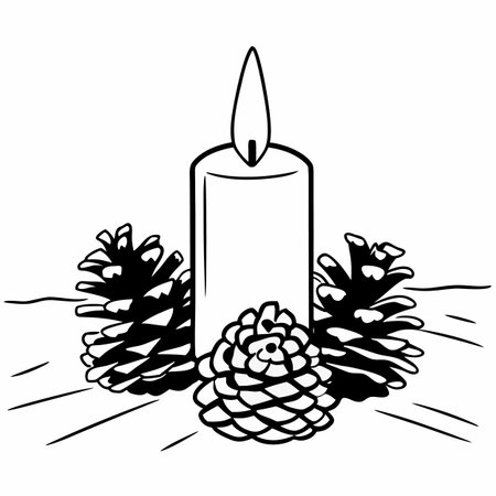 Candle and pine cones. Vector illustration in black and white.のイラスト素材