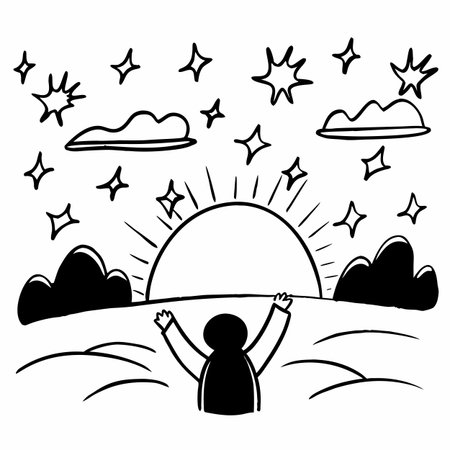 Man with hands up in the sky. Hand drawn vector illustration.のイラスト素材