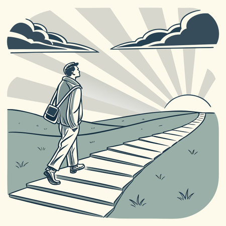 Man with backpack walking on the road to the horizon. Vector illustration.のイラスト素材