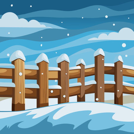 Winter landscape with wooden fence and snow. Vector illustration in cartoon style.のイラスト素材