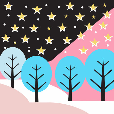 Winter landscape with starry sky and trees. Vector illustration in flat style.のイラスト素材
