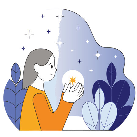 Woman holding a magic wand. Starry night. Vector illustration.のイラスト素材
